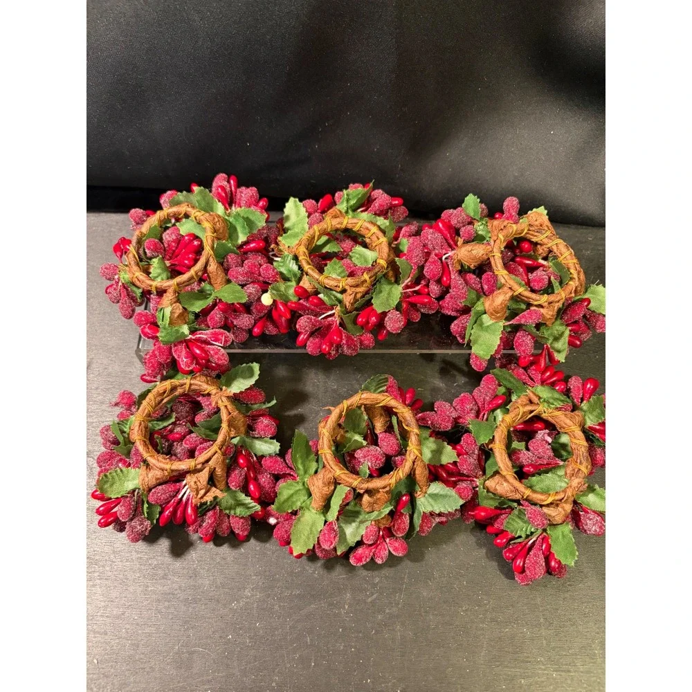 Vintage Red Sugared Berry Napkin Rings Set of 6 Holiday Christmas Table Decor